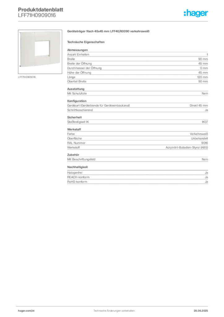 Bild Hager Produktdatenblatt LFF71H0909016 | Hager Deutschland