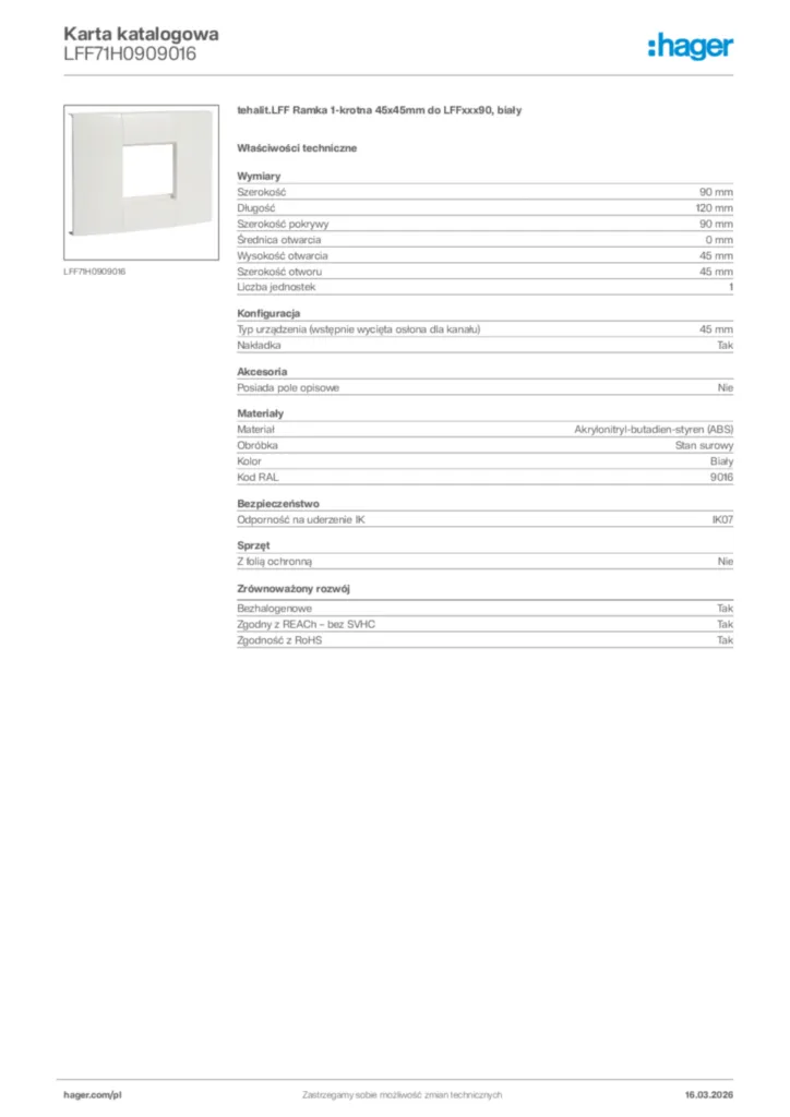 Zdjęcie Hager Karta katalogowa LFF71H0909016 | Hager Polska