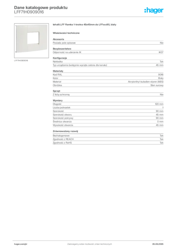 Zdjęcie Hager Karta katalogowa LFF71H0909016 | Hager Polska