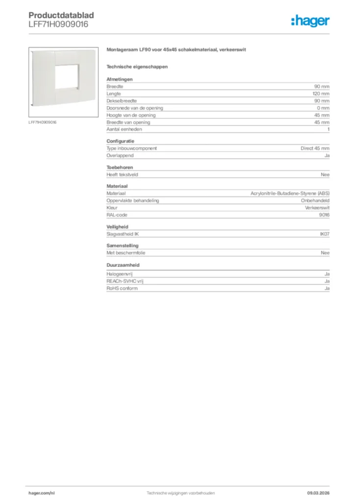 Afbeelding Hager Productdatablad LFF71H0909016 | Hager Nederland