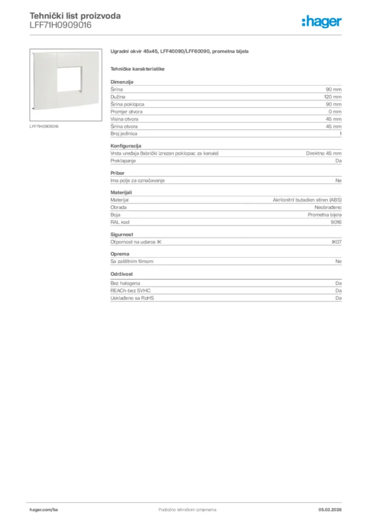 Slika Hager Tehnički list proizvoda LFF71H0909016  | Hager