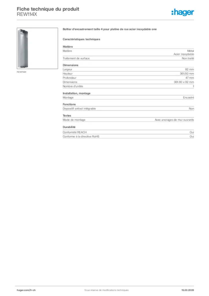 Image Hager Fiche technique du produit REW114X | Hager Suisse