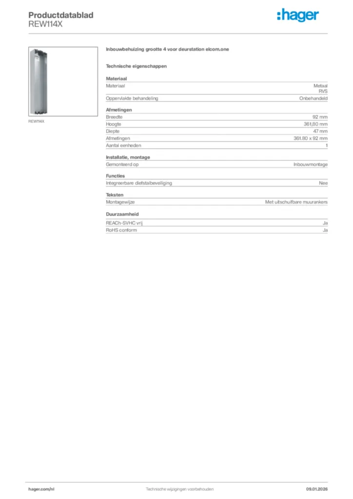 Afbeelding Hager Productdatablad REW114X | Hager Nederland