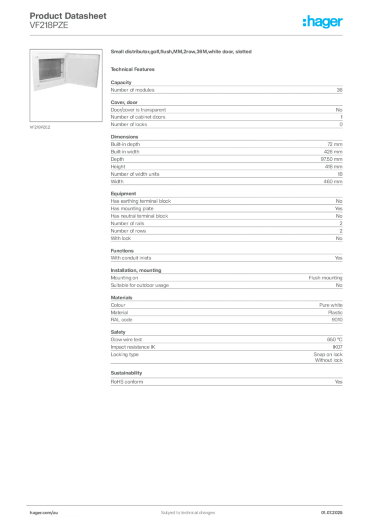 Image Hager Product data sheet VF218PZE  | Hager Australia