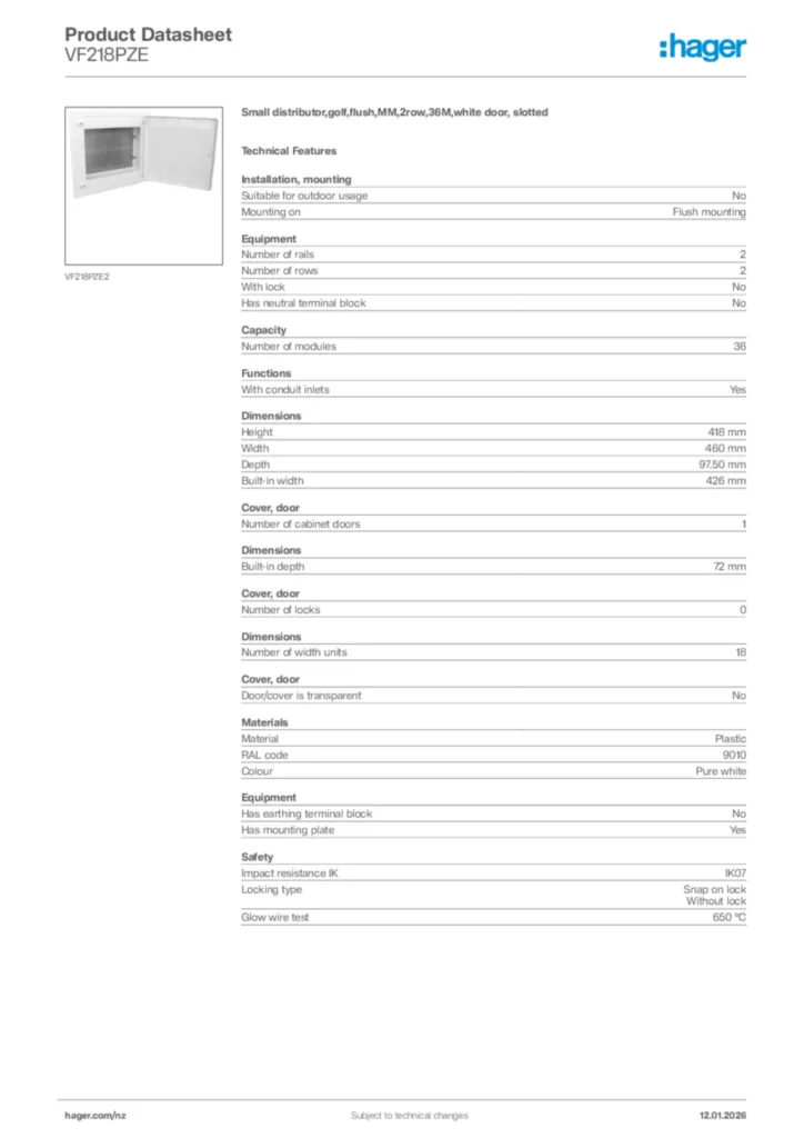 Image Hager Product data sheet VF218PZE  | Hager New Zealand