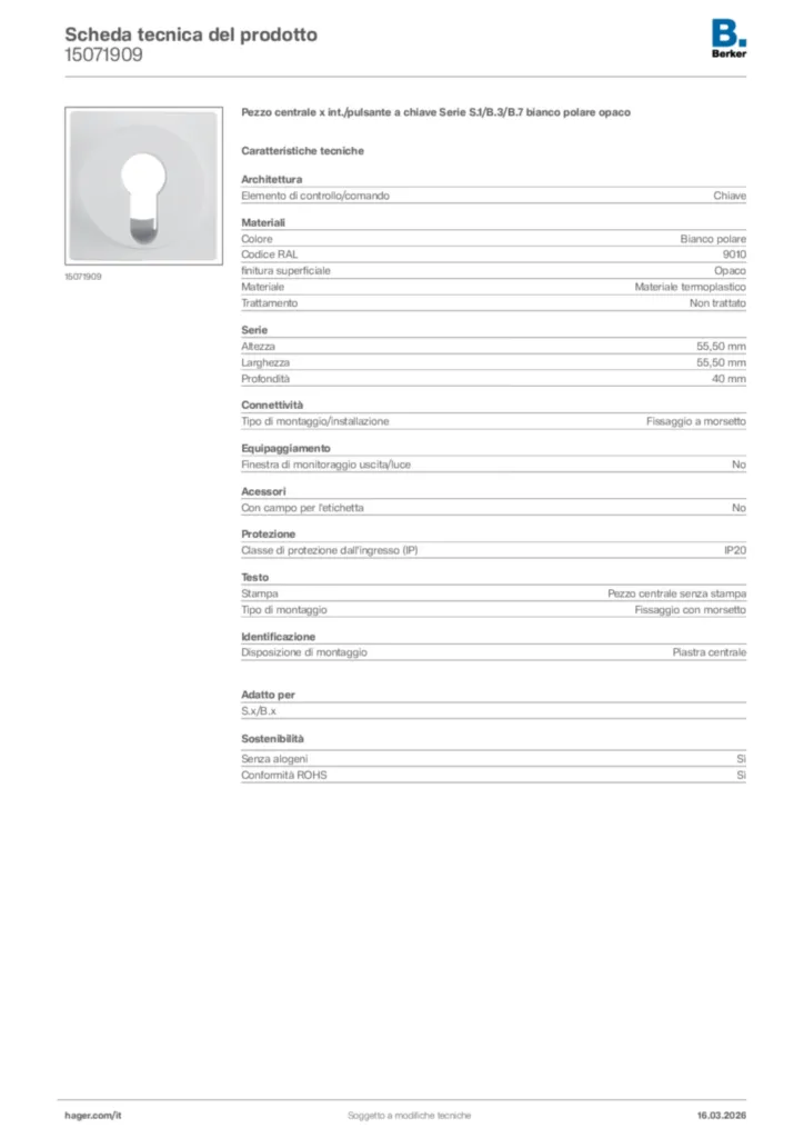 Immagine Berker Scheda tecnica del prodotto 15071909 | Hager Italia