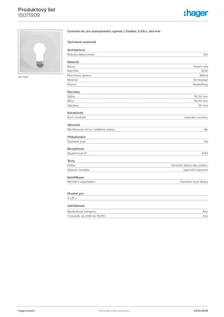 Obrázek Hager Product data sheet 15071909 | Hager