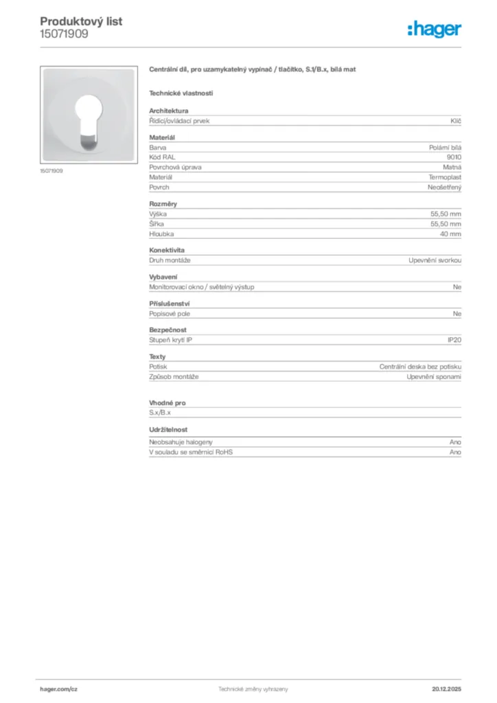 Obrázek Hager Produktový list 15071909 | Hager
