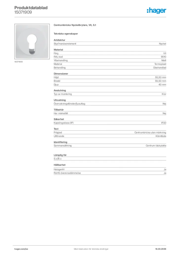 Bild Hager Produktdatablad 15071909 | Hager Sverige
