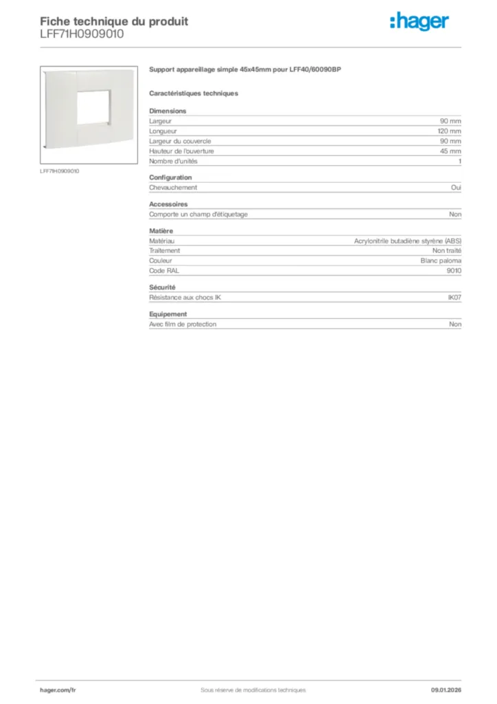 Image Hager Fiche technique du produit LFF71H0909010 | Hager France