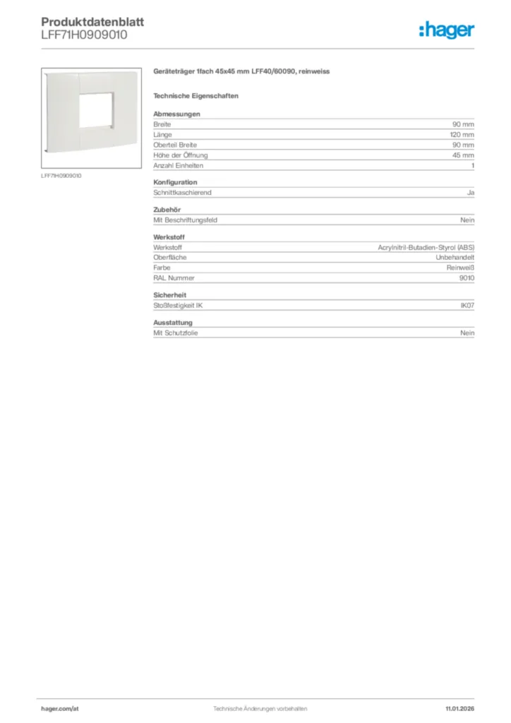 Bild Hager Produktdatenblatt LFF71H0909010 | Hager Deutschland
