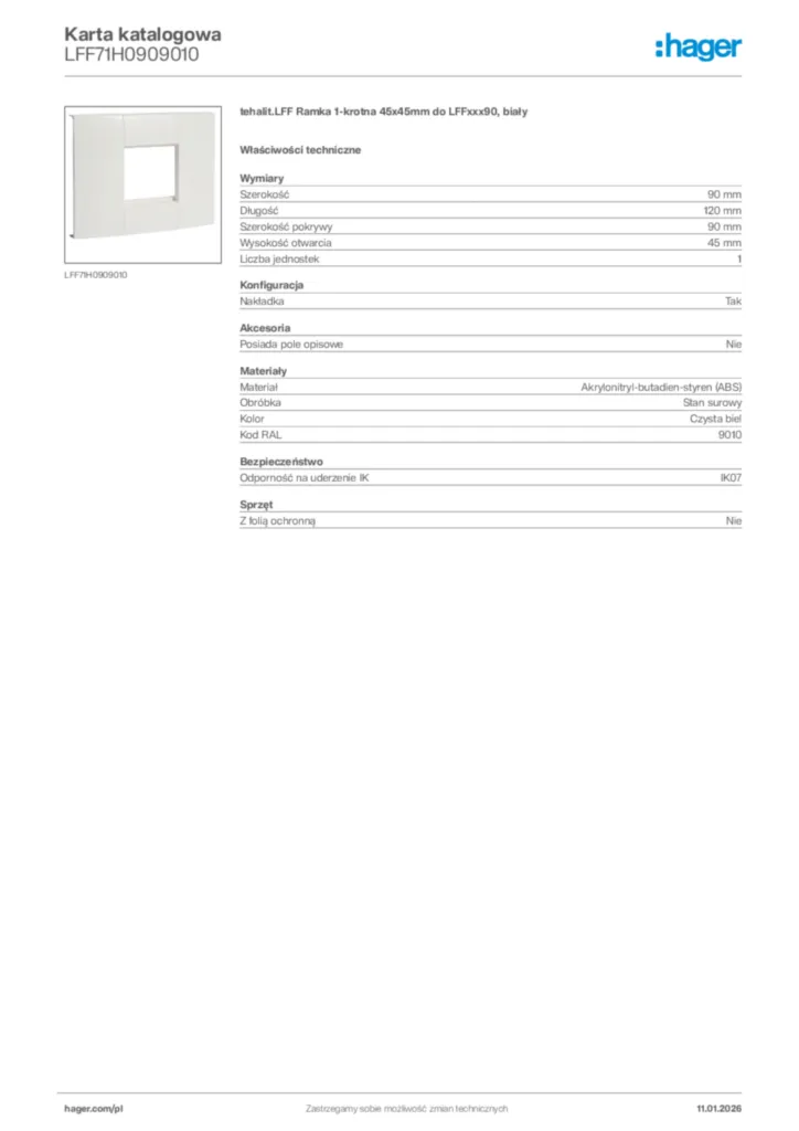 Zdjęcie Hager Karta katalogowa LFF71H0909010 | Hager Polska