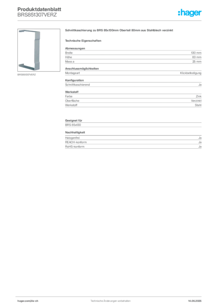 Bild Hager Produktdatenblatt BRS851307VERZ | Hager Schweiz