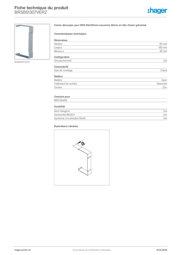 Image Hager Fiche technique du produit BRS851307VERZ | Hager Suisse