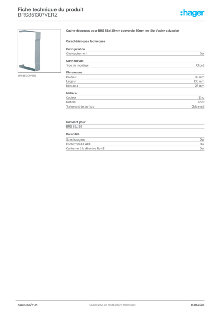 Image Hager Fiche technique du produit BRS851307VERZ | Hager Suisse