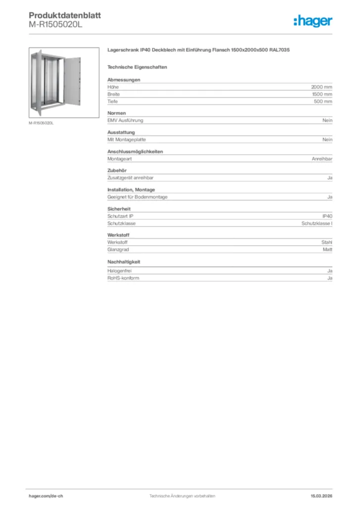 Bild Hager Produktdatenblatt M-R1505020L | Hager Schweiz