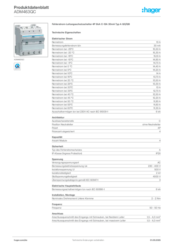 Hager Produktdatenblatt ADM463QC