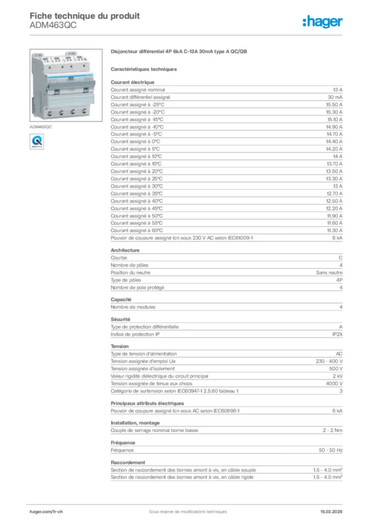Image Hager Fiche technique du produit ADM463QC | Hager Suisse