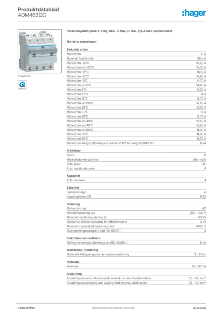Bild Hager Produktdatablad ADM463QC | Hager Sverige