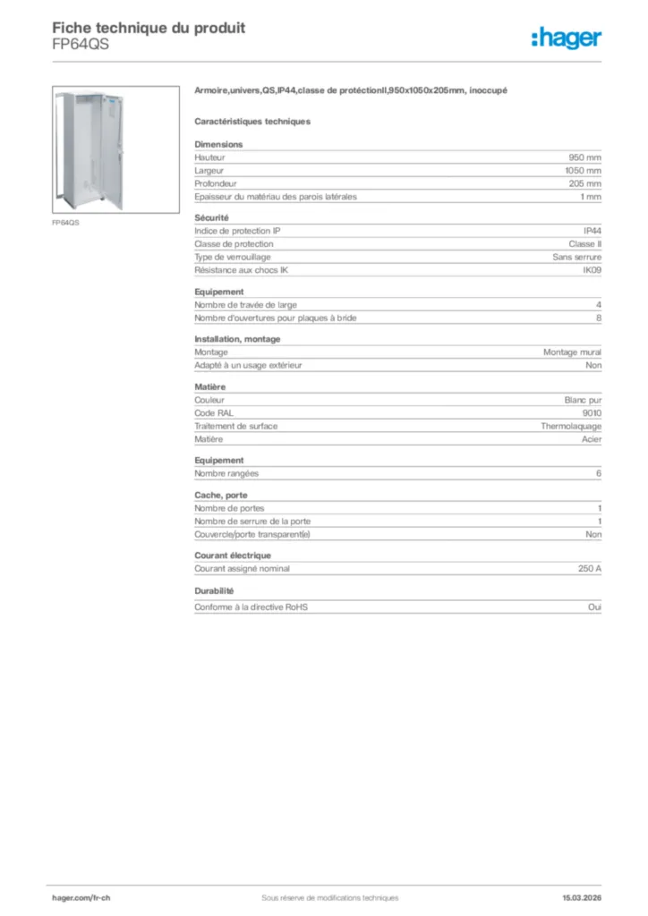 Image Hager Fiche technique du produit FP64QS | Hager Suisse