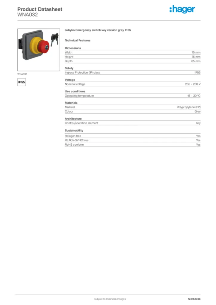 Image Hager Product data sheet WNA032  | Hager Africa