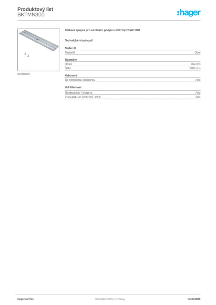 Obrázek Hager Produktový list BKTMN300 | Hager
