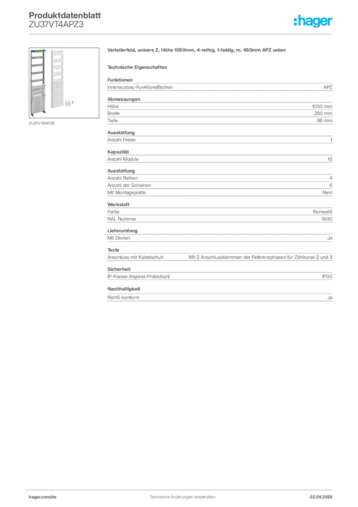 Bild Hager Produktdatenblatt ZU37VT4APZ3 | Hager Deutschland