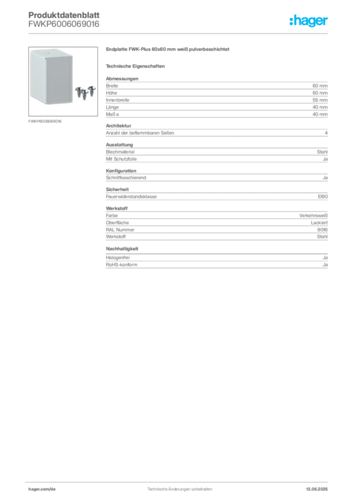 Bild Hager Produktdatenblatt FWKP6006069016 | Hager Deutschland
