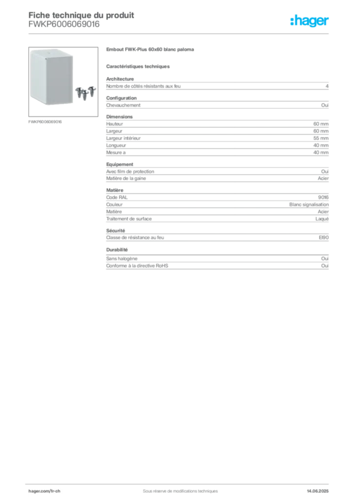 Image Hager Fiche technique du produit FWKP6006069016 | Hager Suisse