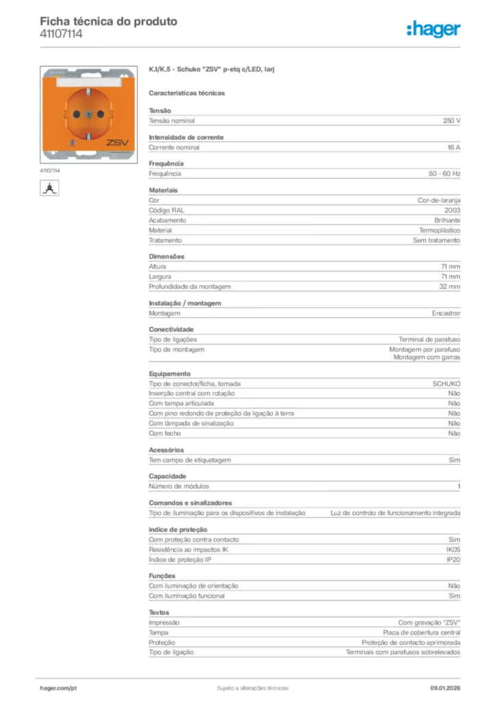 Imagem Hager Ficha técnica do produto 41107114 | Hager Portugal