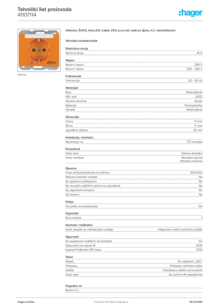 Slika Hager Product data sheet 41107114  | Hager