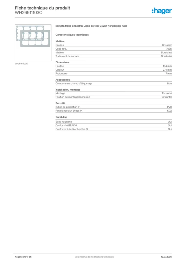 Image Hager Fiche technique du produit WH26911103C | Hager Suisse