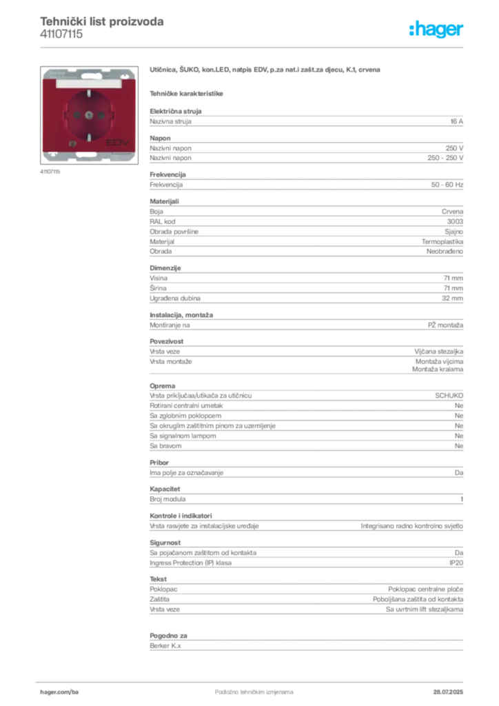 Slika Hager Product data sheet 41107115  | Hager