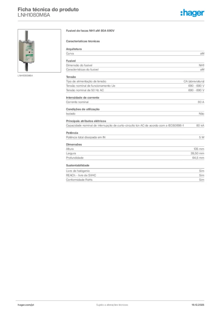 Imagem Hager Ficha técnica do produto LNH1080M6A | Hager Portugal