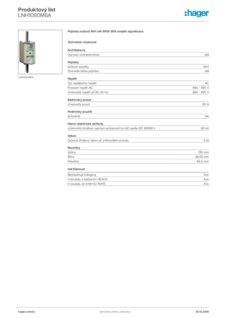 Obrázek Hager Produktový list LNH1080M6A | Hager