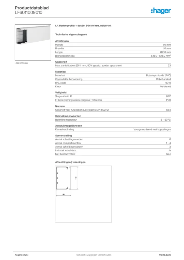 Afbeelding Hager Productdatablad LF6011009010 | Hager Nederland