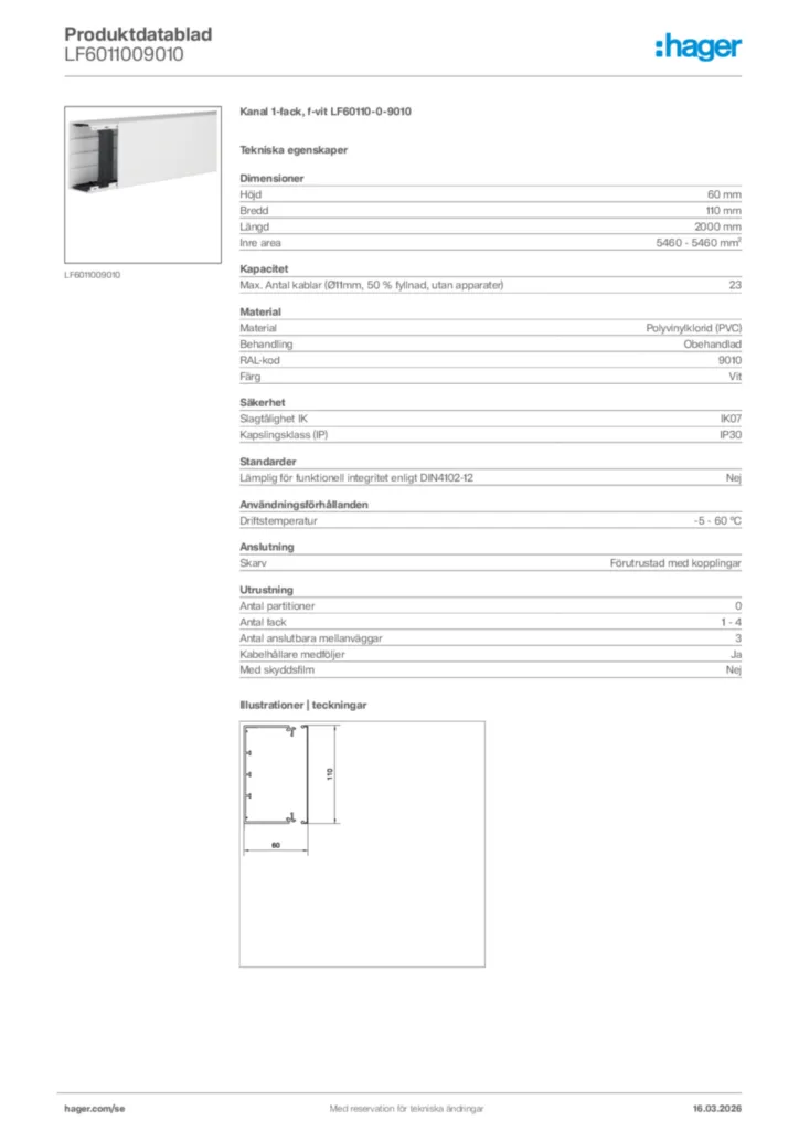 Bild Hager Produktdatablad LF6011009010 | Hager Sverige