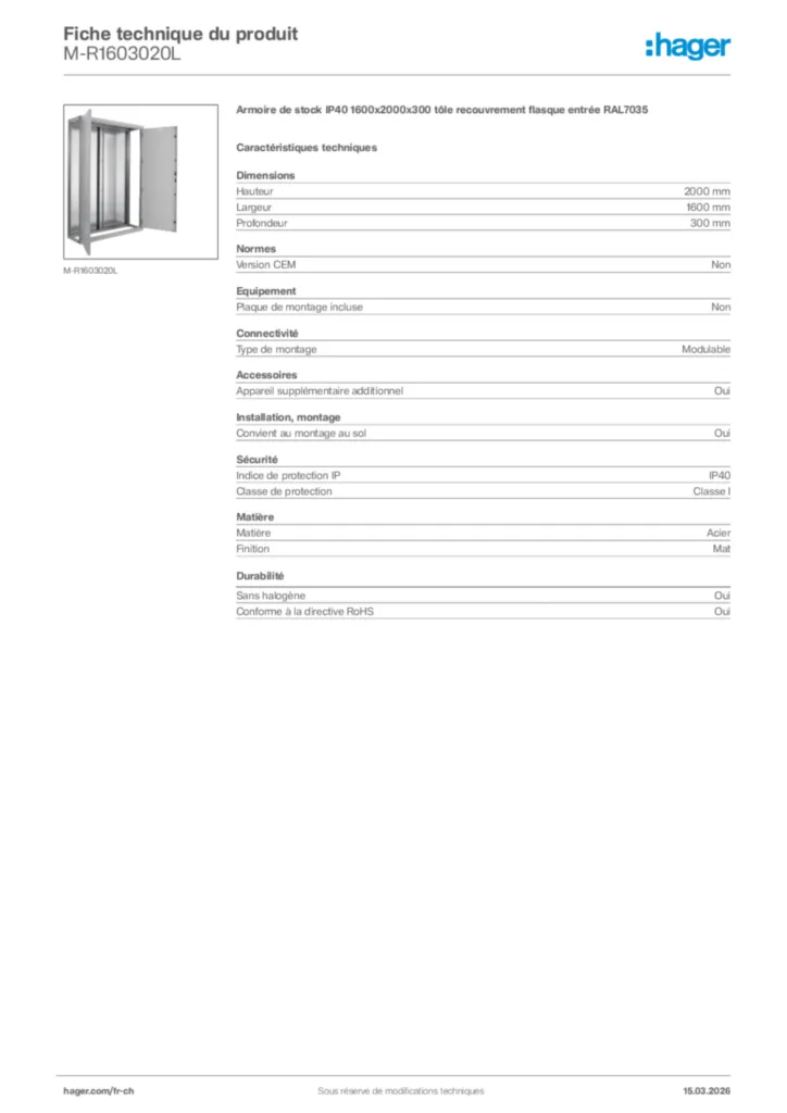 Image Hager Fiche technique du produit M-R1603020L | Hager Suisse