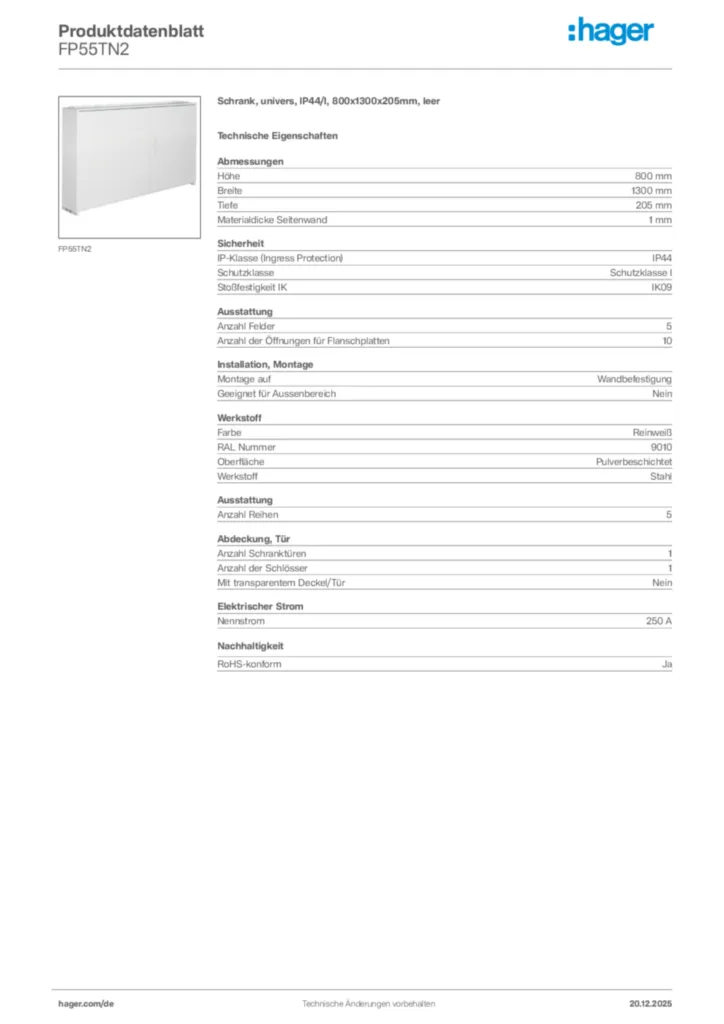 Bild Hager Produktdatenblatt FP55TN2 | Hager Deutschland