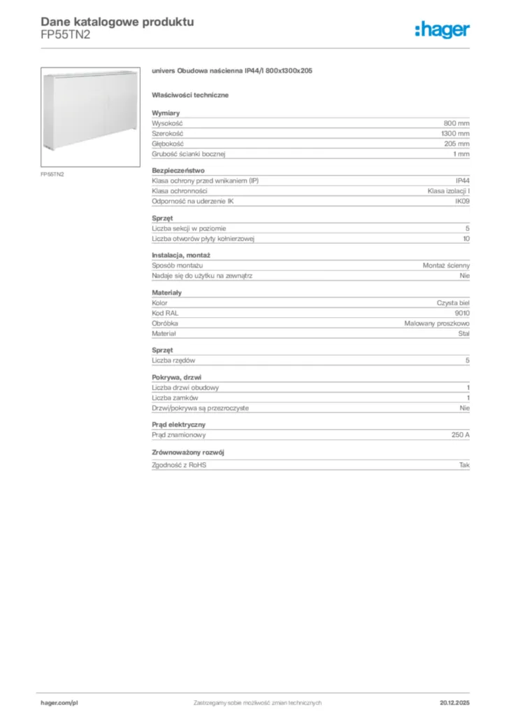 Zdjęcie Hager Karta katalogowa FP55TN2 | Hager Polska