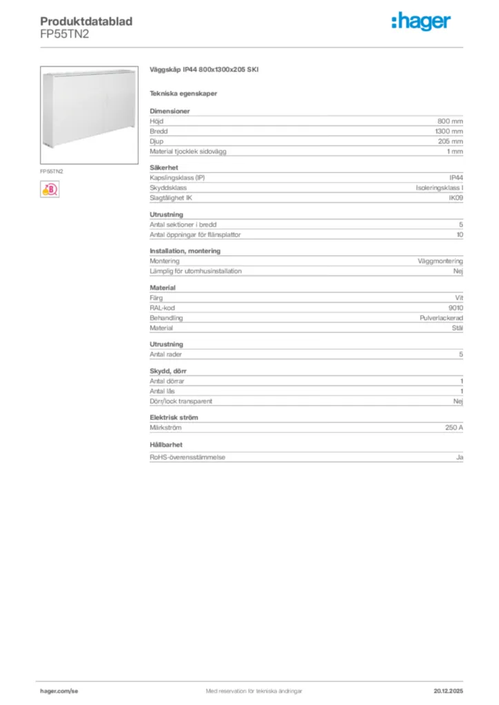 Bild Hager Produktdatablad FP55TN2 | Hager Sverige