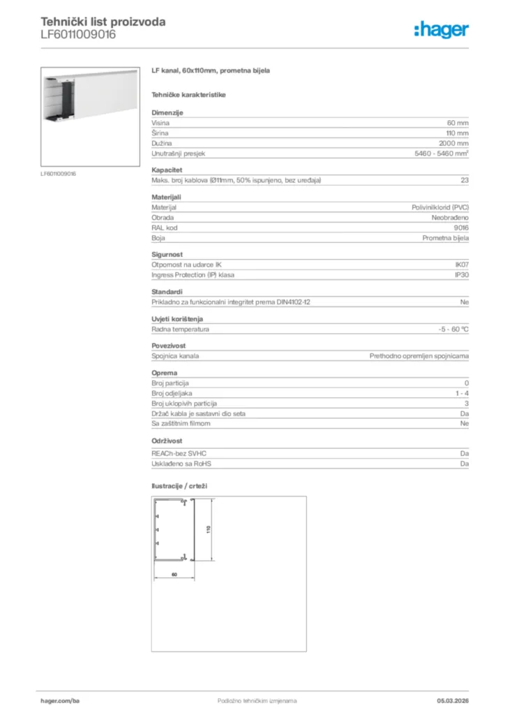 Slika Hager Tehnički list proizvoda LF6011009016  | Hager