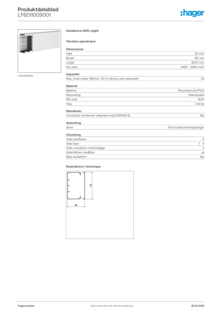 Bild Hager Produktdatablad LF6011009001 | Hager Sverige