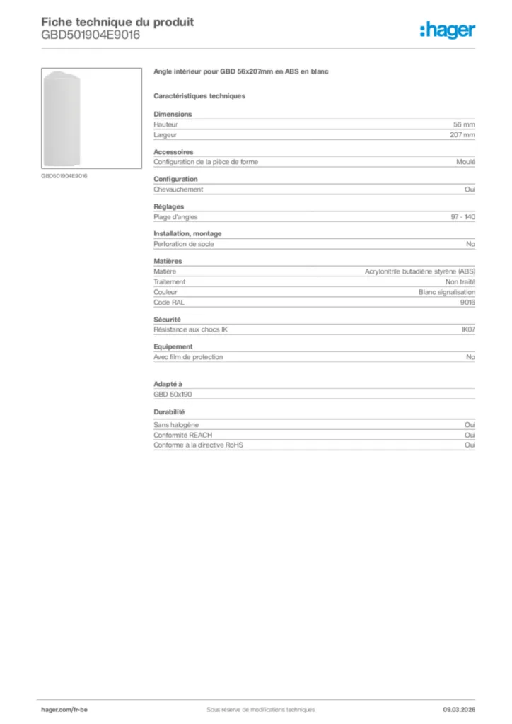 Image Hager Fiche technique du produit GBD501904E9016 | Hager Belgique