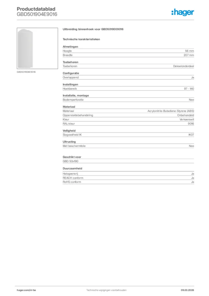 Afbeelding Hager Productdatablad GBD501904E9016 | Hager Belgium