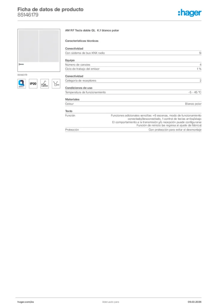 Imagen Hager Ficha de datos de producto 85146179 | Hager España