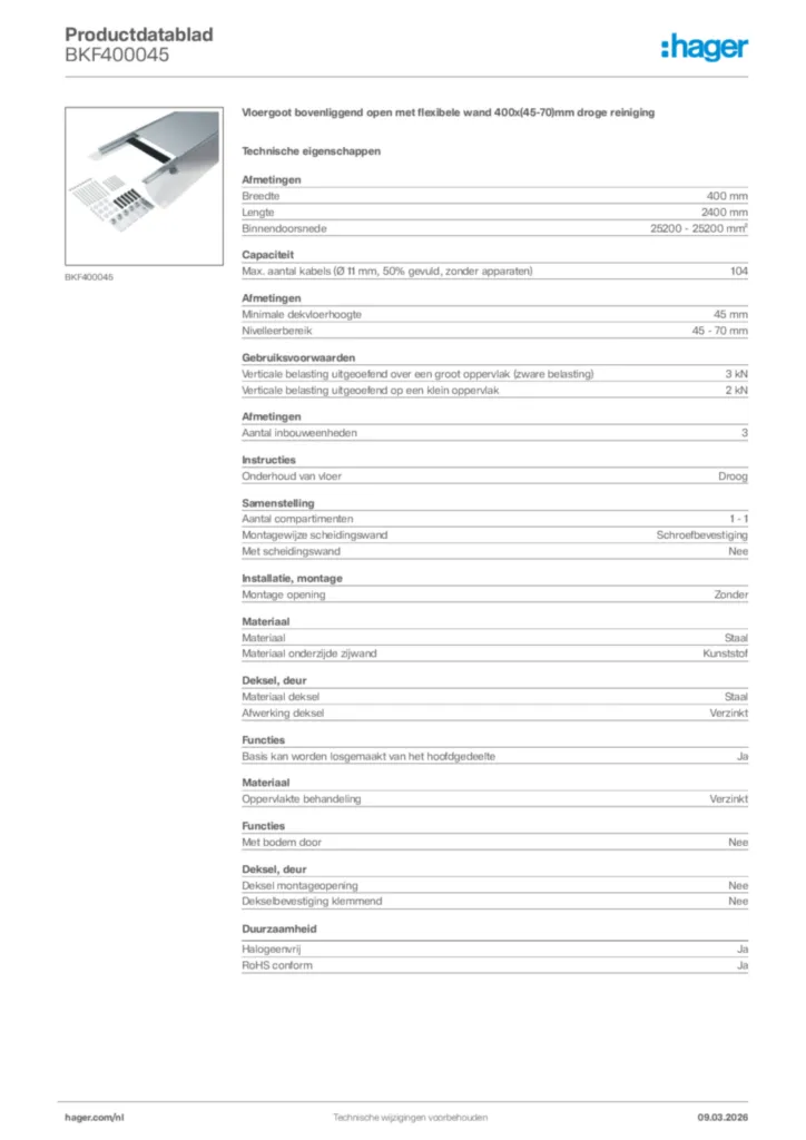 Afbeelding Hager Productdatablad BKF400045 | Hager Nederland