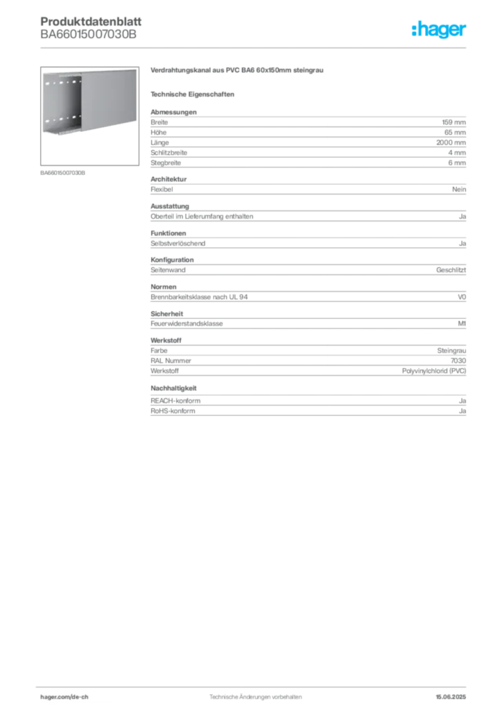 Bild Hager Produktdatenblatt BA66015007030B | Hager Schweiz