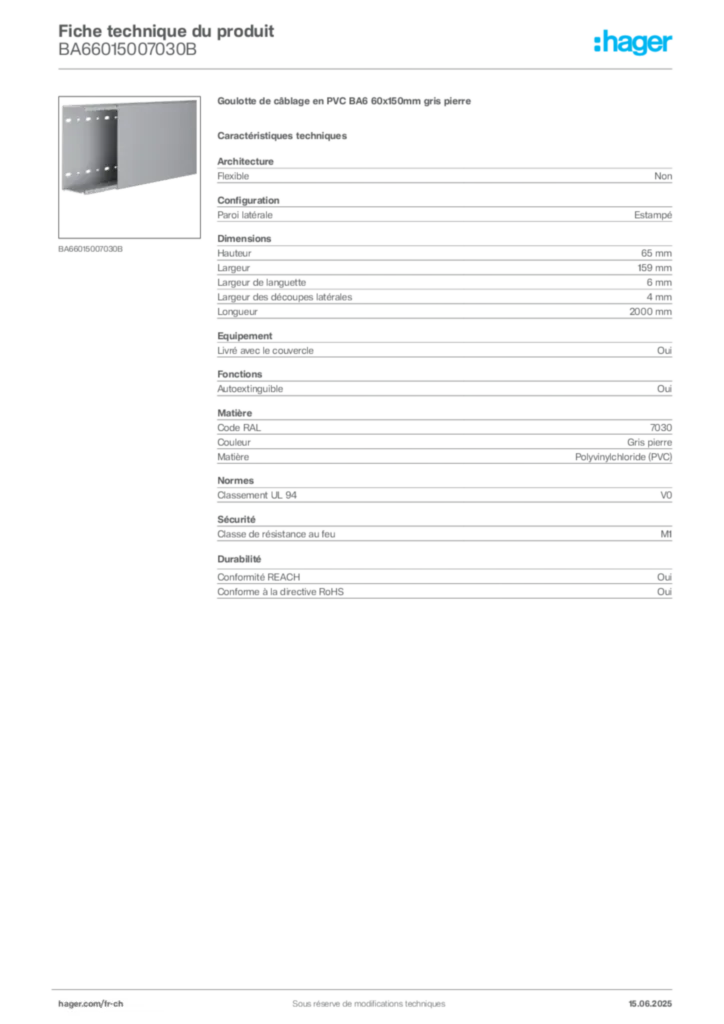 Image Hager Fiche technique du produit BA66015007030B | Hager Suisse