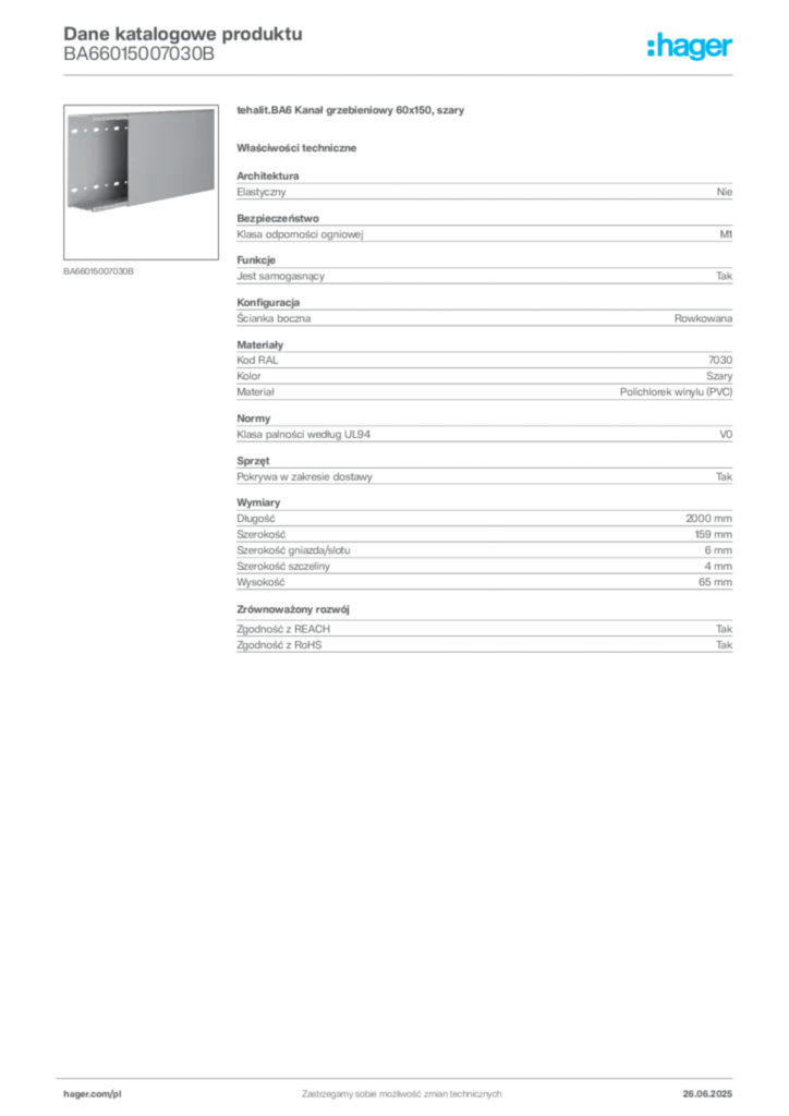 Zdjęcie Hager Karta katalogowa BA66015007030B | Hager Polska